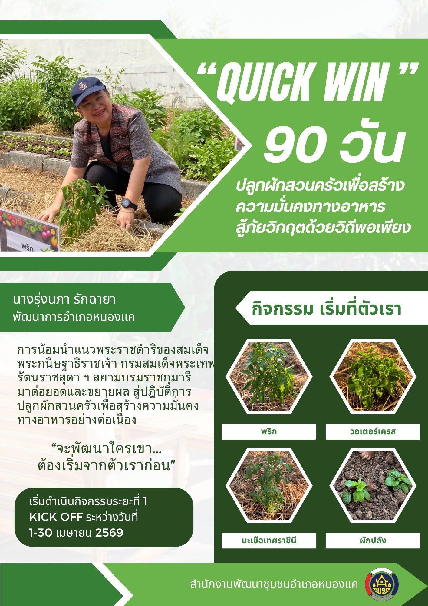  พช.หนองแค ขับเคลื่อนปฏิบัติการ “Quick Win” 90 วัน ปลูกผักสวนครัว เพื่อสร้างความมั่นคงทางอาหาร สู้ภัยวิฤกตด้วยวิถีพอเพียง