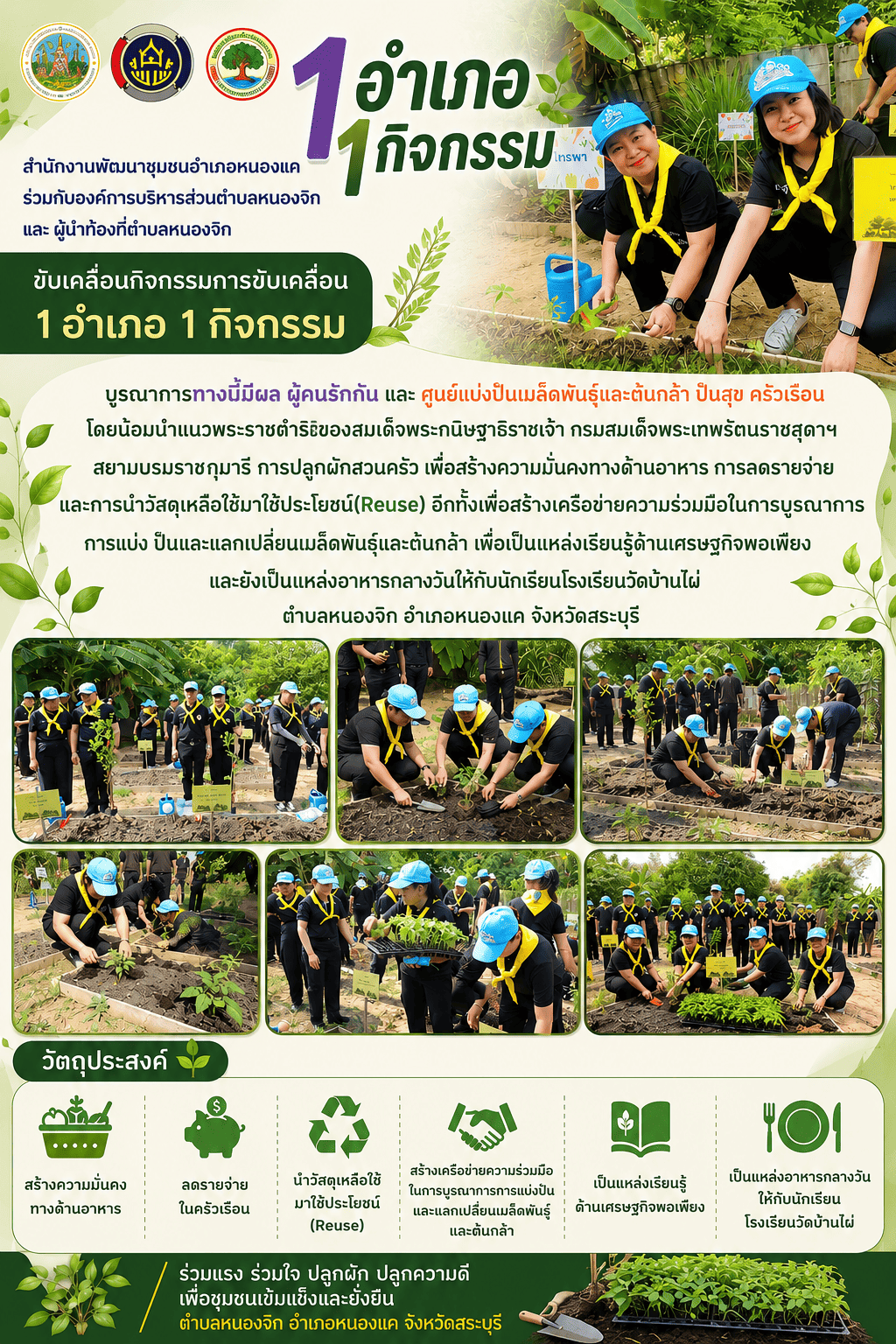 1 อำเภอ 1 กิจกรรมบูรณาการทางนี้มีผล ผู้คนรักกัน และ ศูนย์แบ่งปันเมล็ดพันธุ์และต้นกล้า ปันสุขสู่ครัวเรือนเปราะบาง